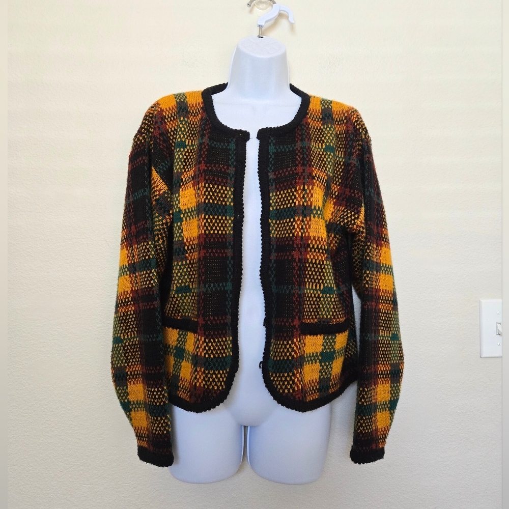 Vintage 90s SML Sport Tartan Cardigan yellow black Womens size medium
